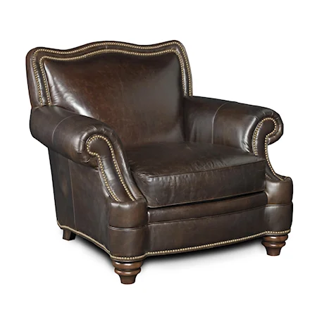 Traditional Leather Chair with Worn Leather Finish, Nail Head Trim and Rolled Arms